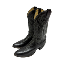 Load image into Gallery viewer, 1980’S JUSTIN MADE IN USA BLACK POINTED TOE LEATHER COWBOY BOOTS 10.5
