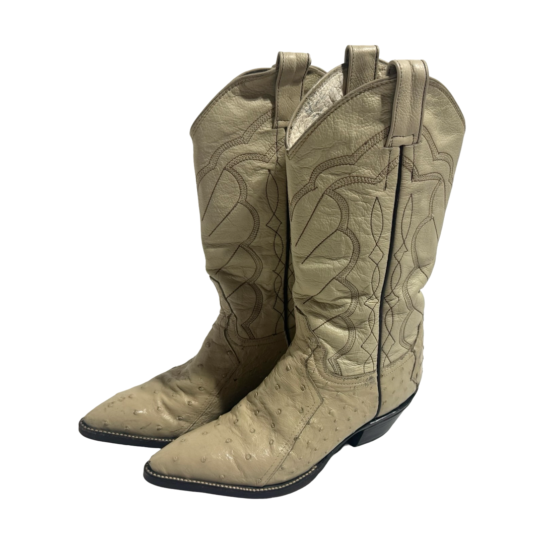 1980’S IVORY OSTRICH &amp; LEATHER COWBOY BOOTS 6.5