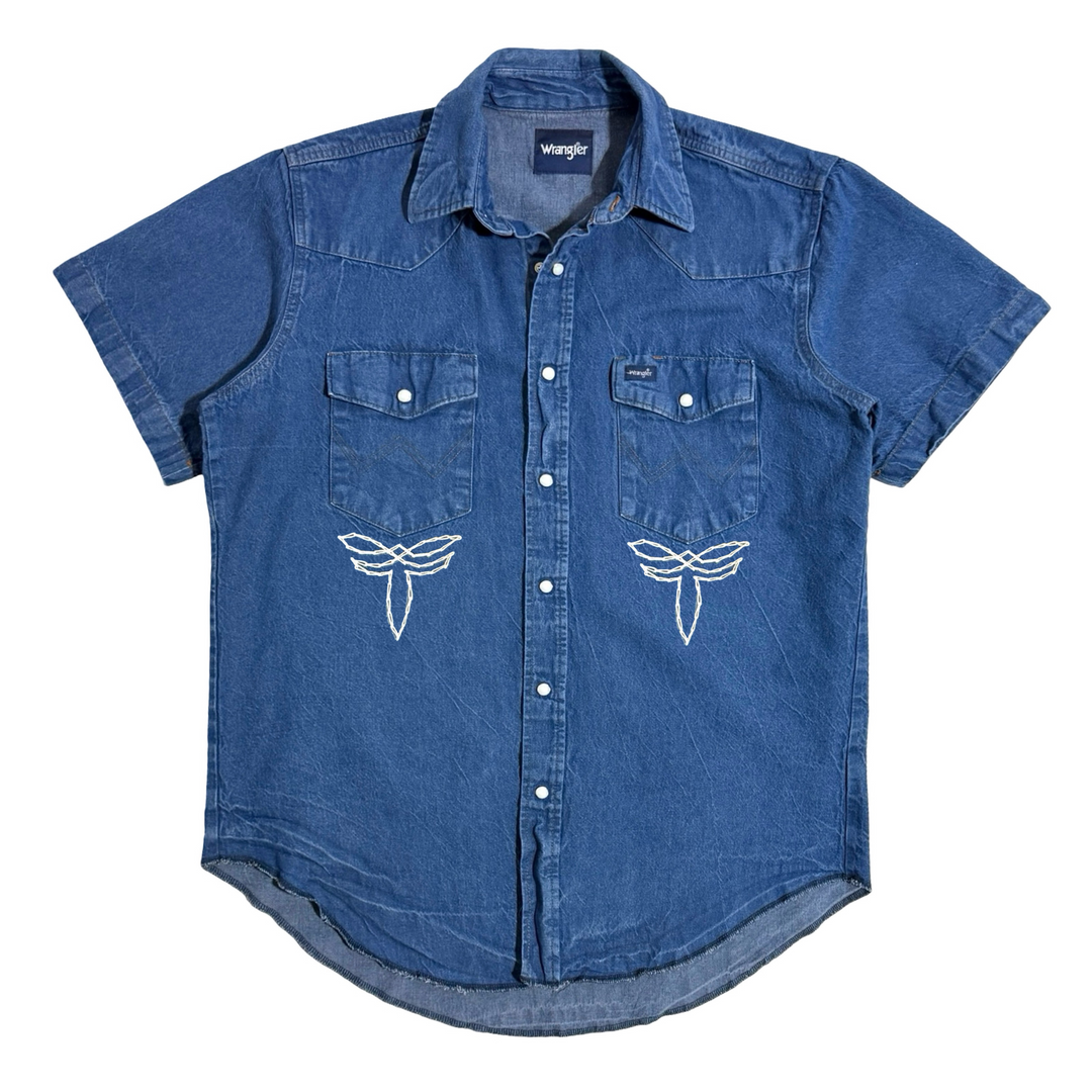 MASK X WRANGLER MADE IN USA HAND CHAINSTITCHED WESTERN S/S PEARL SNAP DENIM SHIRT LARGE