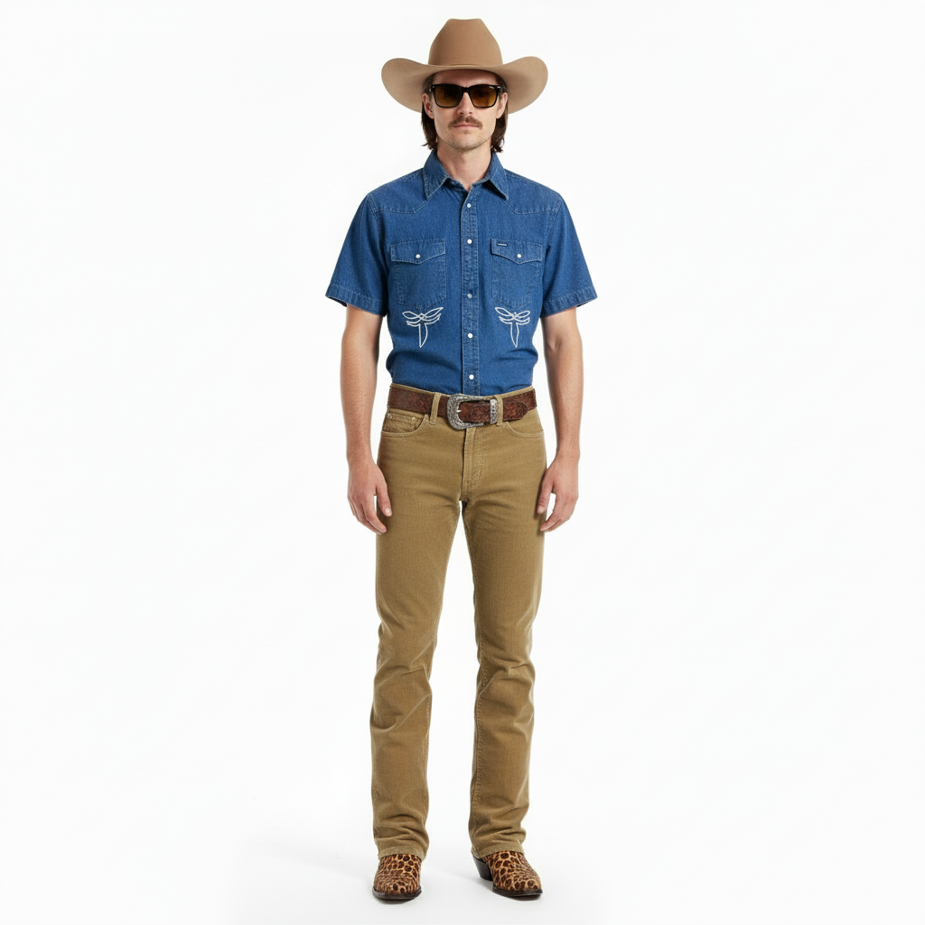 MASK X WRANGLER MADE IN USA HAND CHAINSTITCHED WESTERN S/S PEARL SNAP DENIM SHIRT LARGE