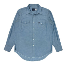 Load image into Gallery viewer, 1970’S WRANGLER MADE IN USA CHAMBRAY WESTERN DENIM PEARL SNAP L/S B.D. SHIRT X-LARGE
