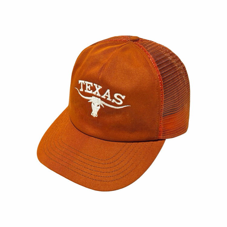 Texas longhorn trucker hat angled view with rust mesh back