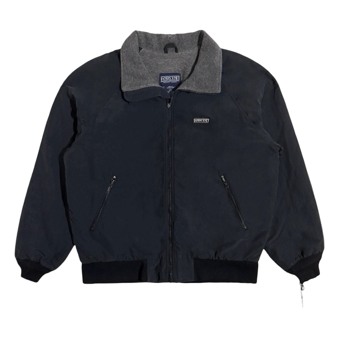 1990’S LANDS’ END MADE IN USA SQUALL™️ THRASHED &amp; FADED BLACK ZIP WINDBREAKER JACKET X-LARGE