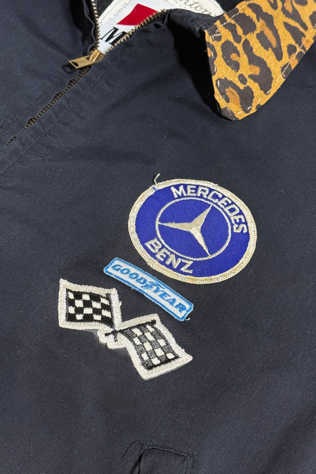 1960’S MASK MERCEDES BENZ RACING MADE IN USA CROPPED LEOPARD PRINT COLLAR GARAGE JACKET LARGE