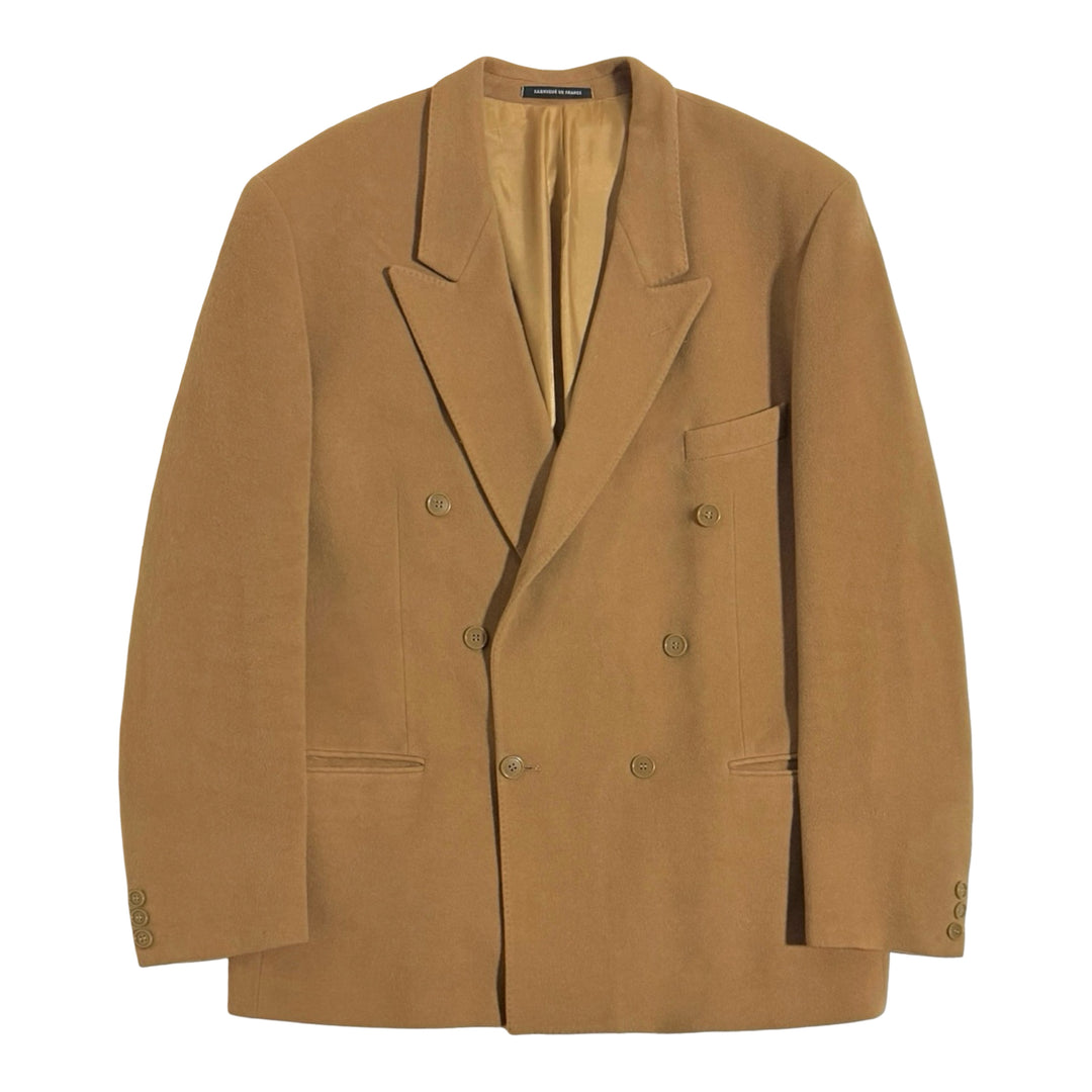 1980’S YVES SAINT LAURENT MADE IN FRANCE CASHMERE CAMEL DOUBLE BREASTED SUIT JACKET BLAZER 44R