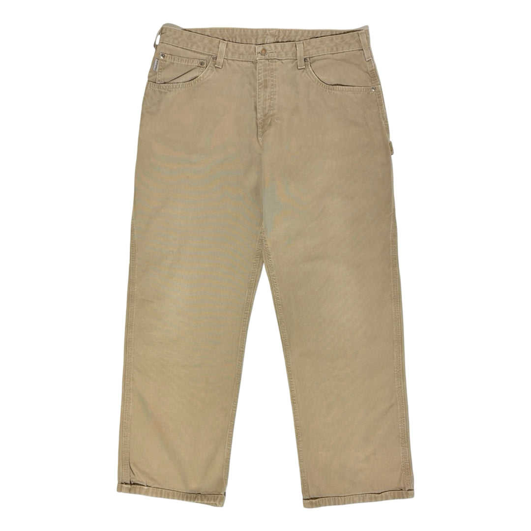 1990’S CARHARTT MADE IN USA THRASHED &amp; FADED KHAKI DUCK CANVAS CARPENTER WORKWEAR PANTS 36 X 28