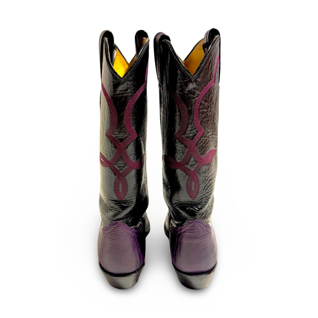 1970’S LARRY MAHAN MADE IN USA PURPLE LIZARD LEATHER CONTRAST BLACK EMBROIDERED POINTED TOE WESTERN COWBOY BOOTS WOMEN’S 7.5