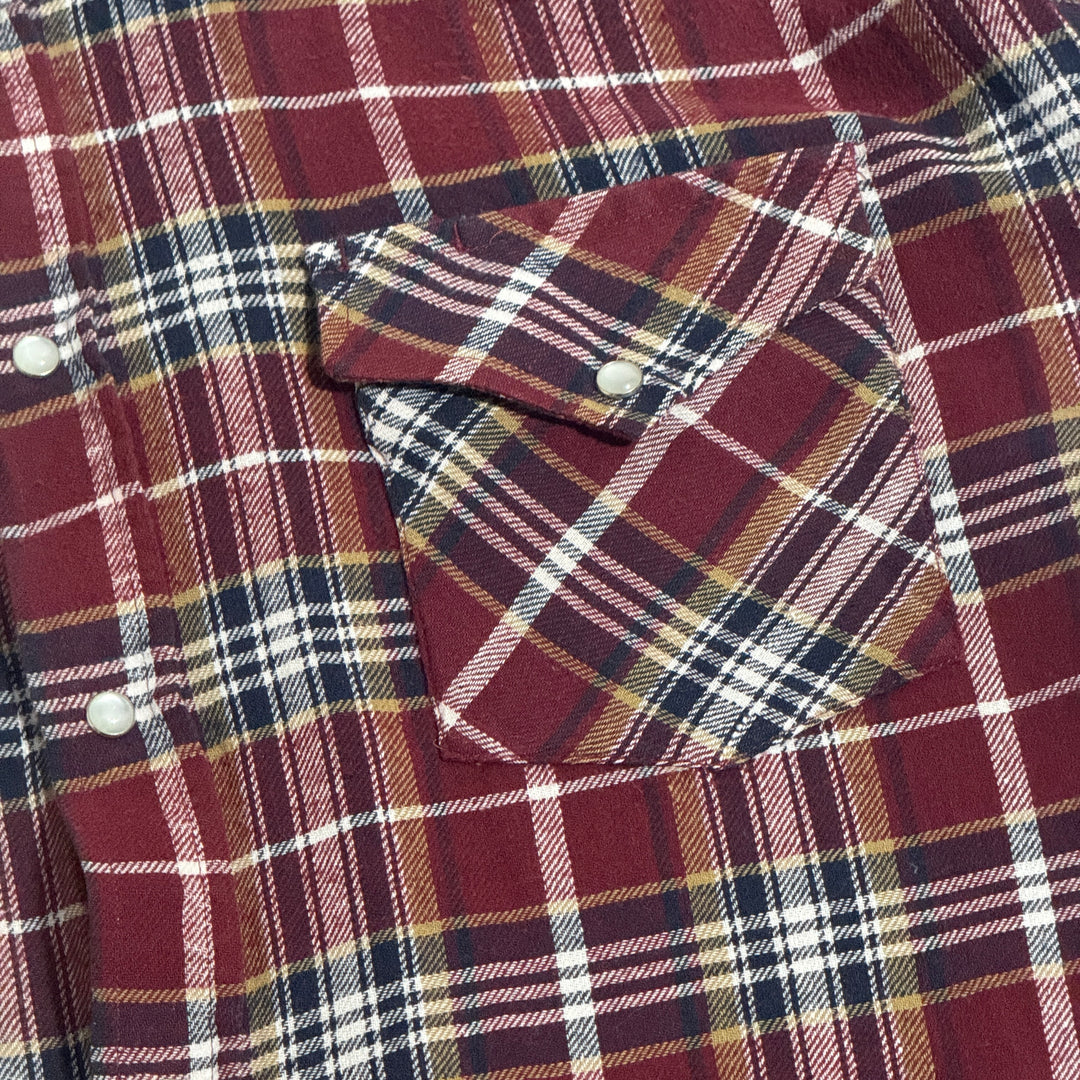 1990’S PLAINS WESTERNWEAR PLAID FLANNEL WESTERN PEARL SNAP L/S B.D. SHIRT LARGE