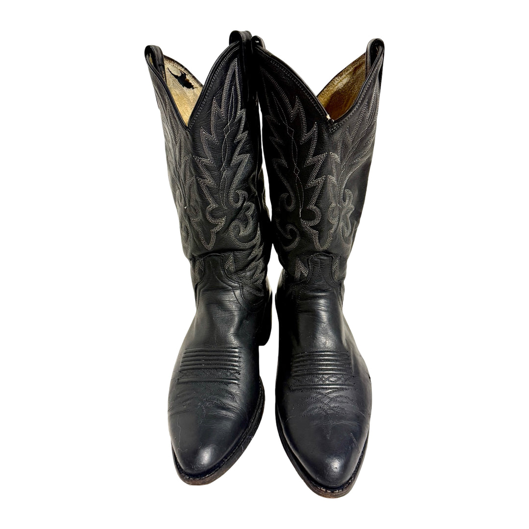 1970’S DAN POST MADE IN USA BLACK EMBROIDERED WESTERN POINTED TOE COWBOY BOOTS 9.5