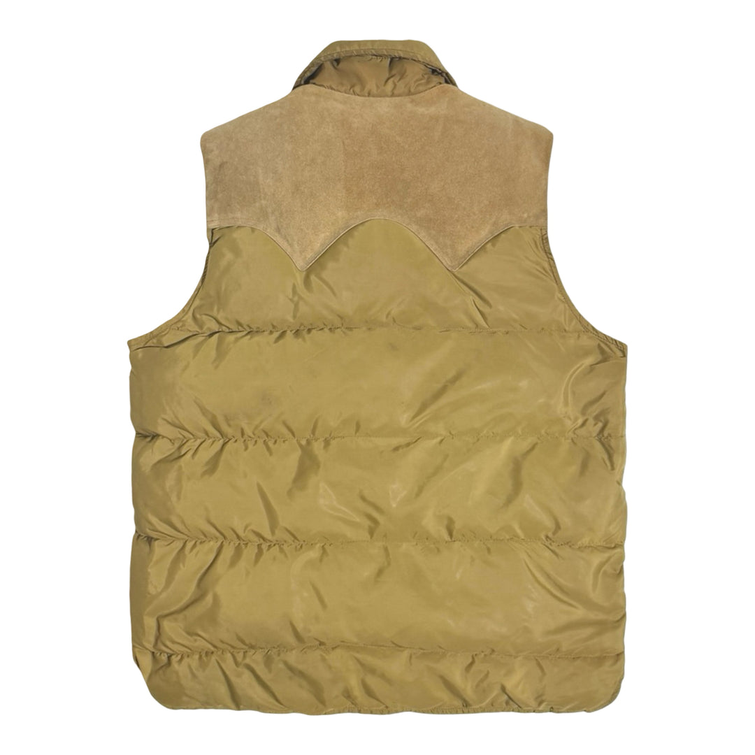 1970’S WOOLRICH MADE IN USA THRASHED & REPAIRED SUEDE LEATHER YOKE QUILTED GOOSE DOWN VEST LARGE