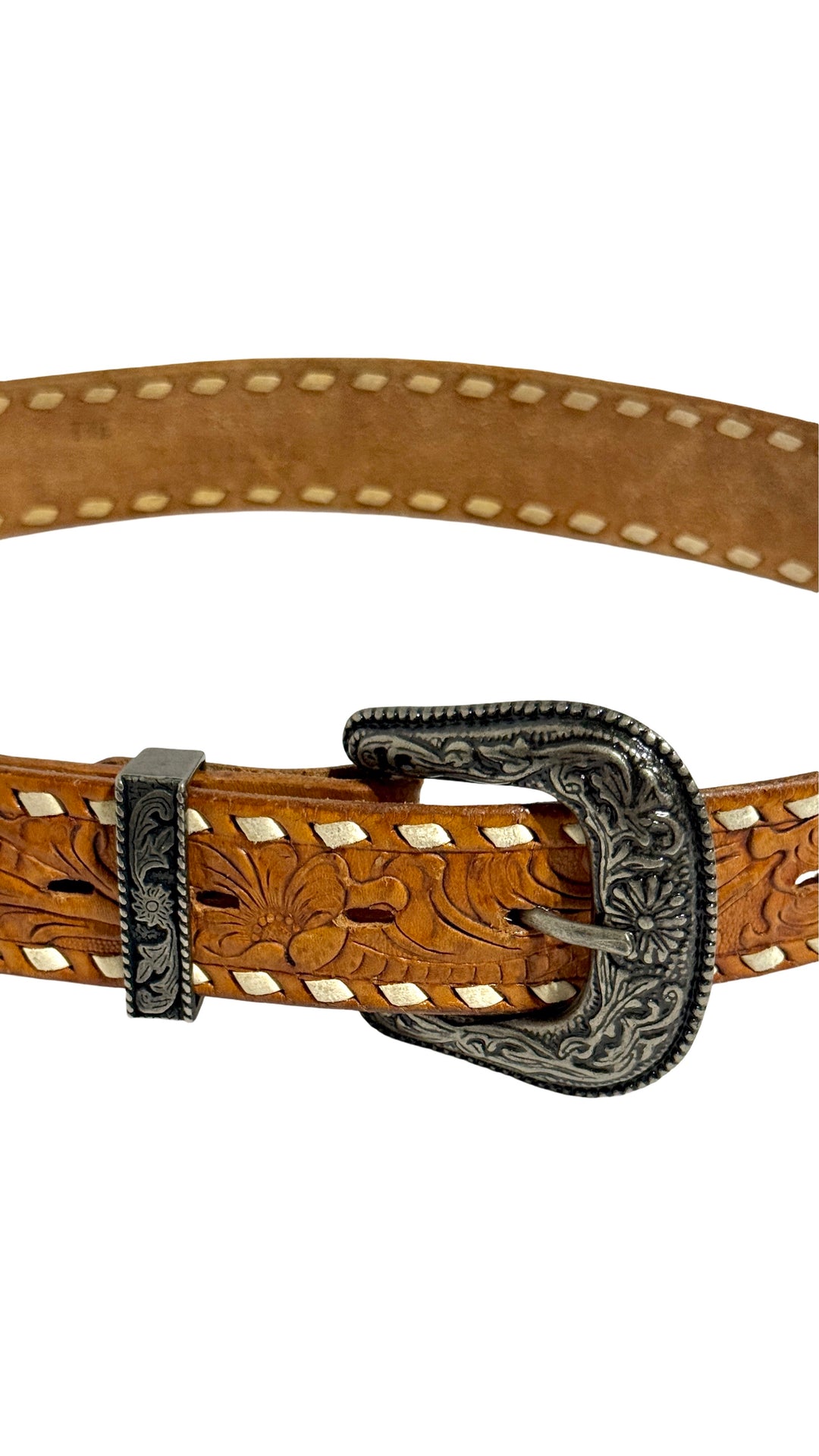 1970’S TONY LAMA MADE IN USA HANDTOOLED FLORAL WESTERN LEATHER BELT 32