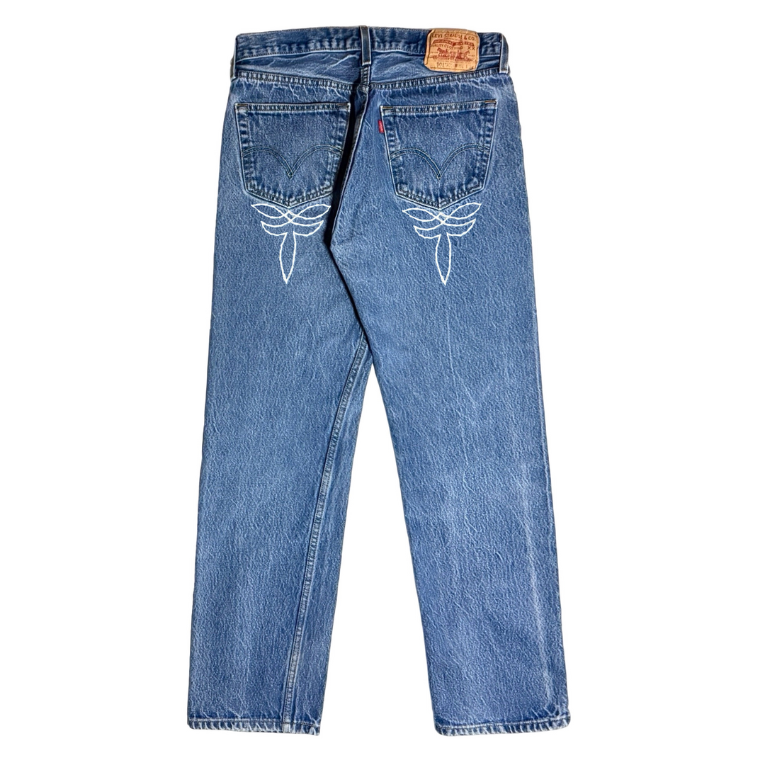 MASK X LEVI’S 501XX WESTERN HAND CHAINSTITCHED LIGHT WASH DENIM JEANS 34 X 30