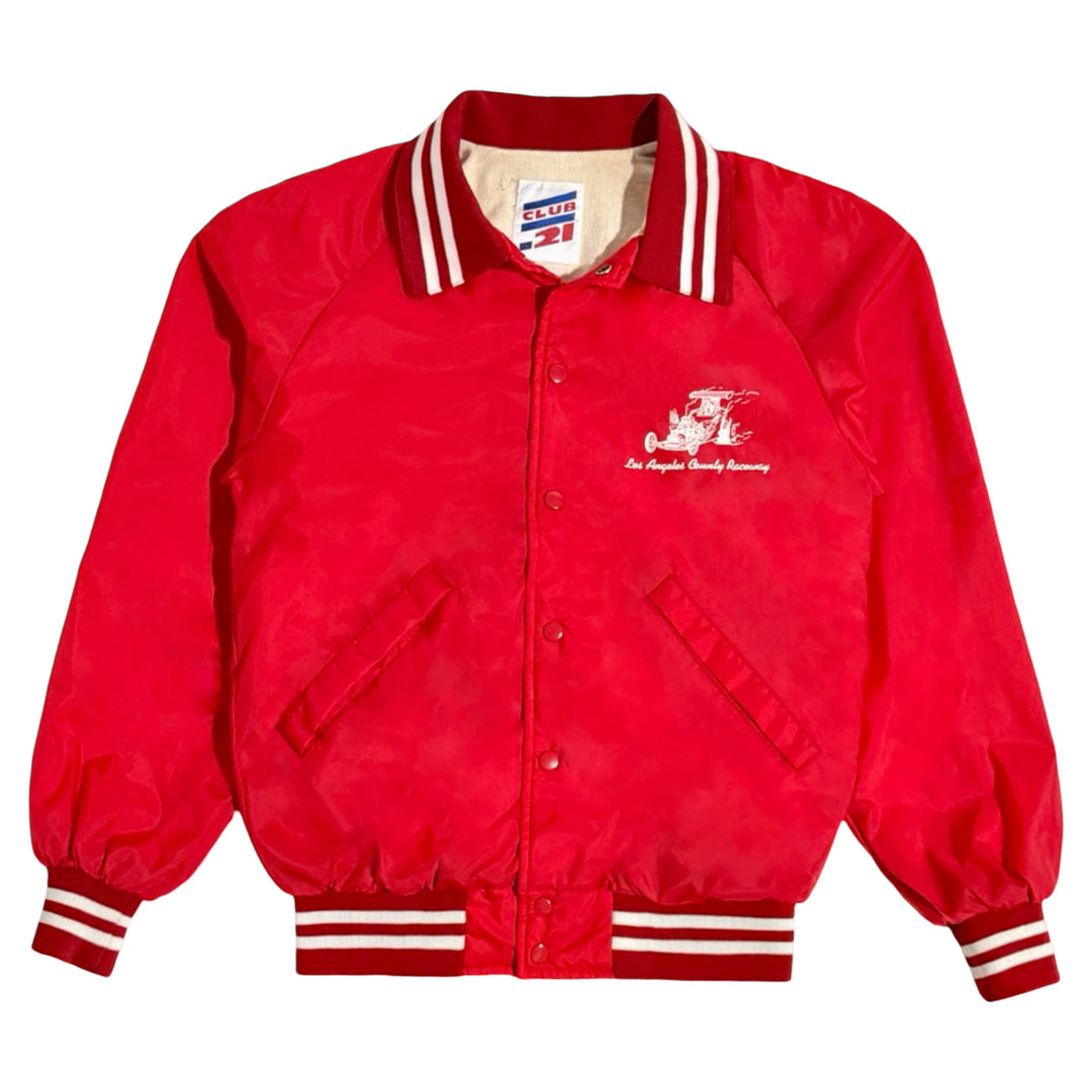 1980’S LOS ANGELES COUNTY RACEWAY MADE IN USA CROPPED RED SATIN BASEBALL JACKET LARGE