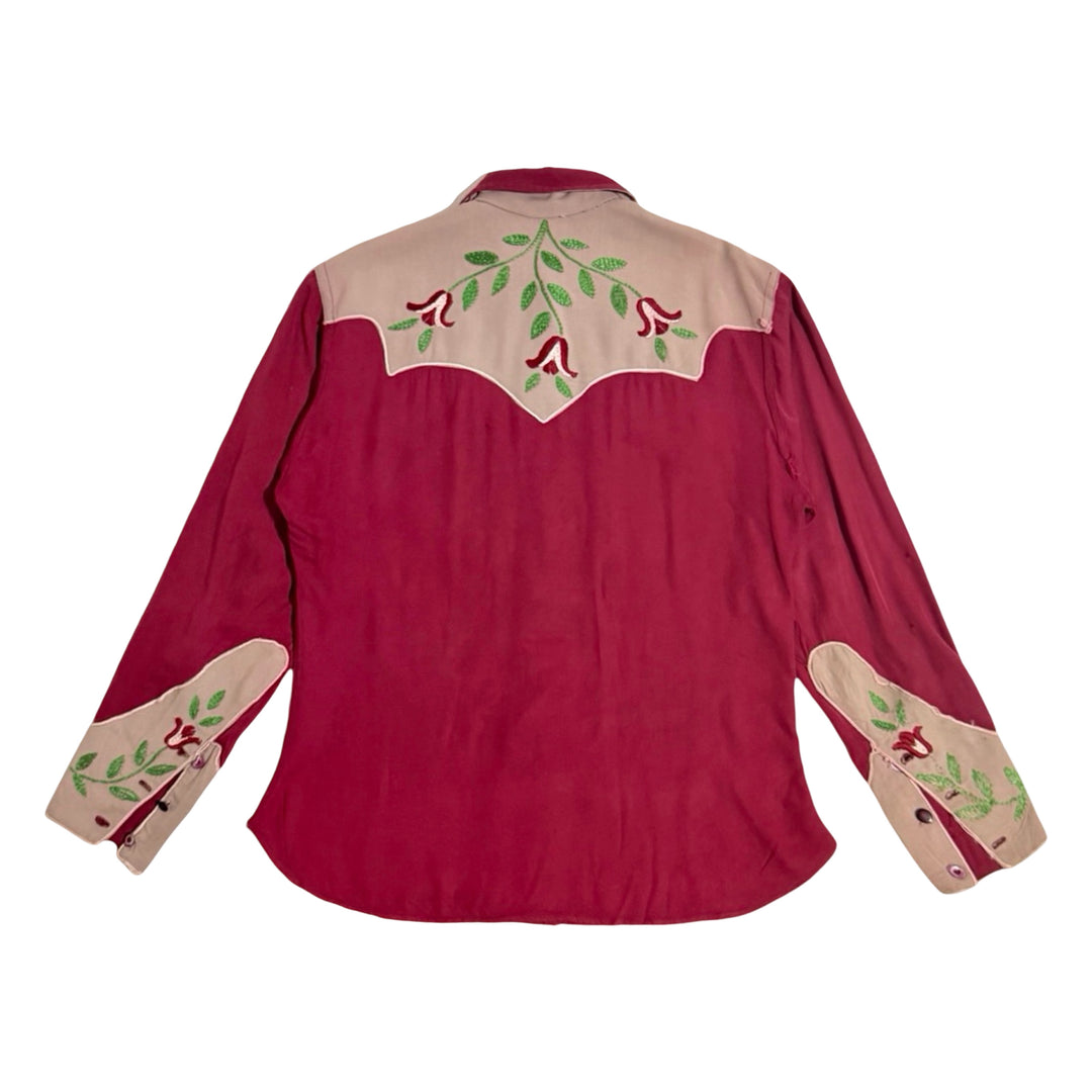 1940’S THRASHED FADED &amp; REPAIRED MADE IN USA CROPPED OXBLOOD WOOL GABARDINE FLORAL CHAINSTITCHED PEARL BUTTON WESTERN L/S B.D. SHIRT LARGE