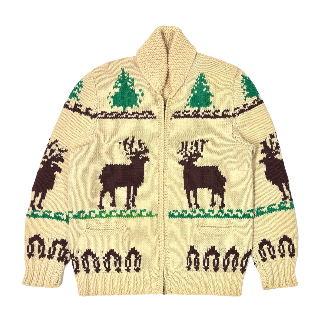 1960’S REINDEER COWICHAN MADE IN CANADA CROPPED KNIT WOOL ZIP SWEATER JACKET XX-LARGE