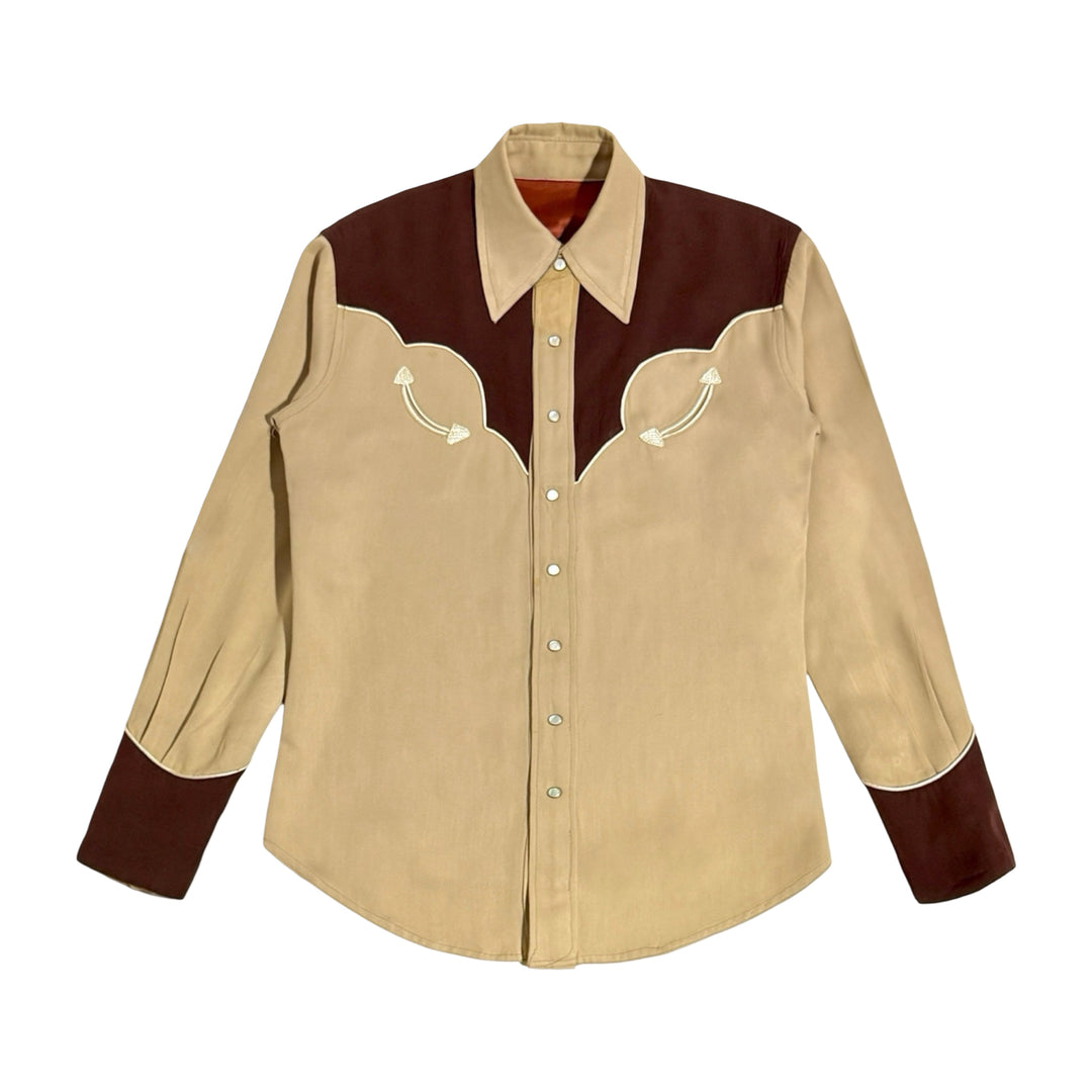 1940’S CUSTOM HANDMADE IN USA WESTERN GABARDINE SMILE POCKET REAL MOTHER OF PEARL SNAP L/S B.S. SHIRT MEDIUM