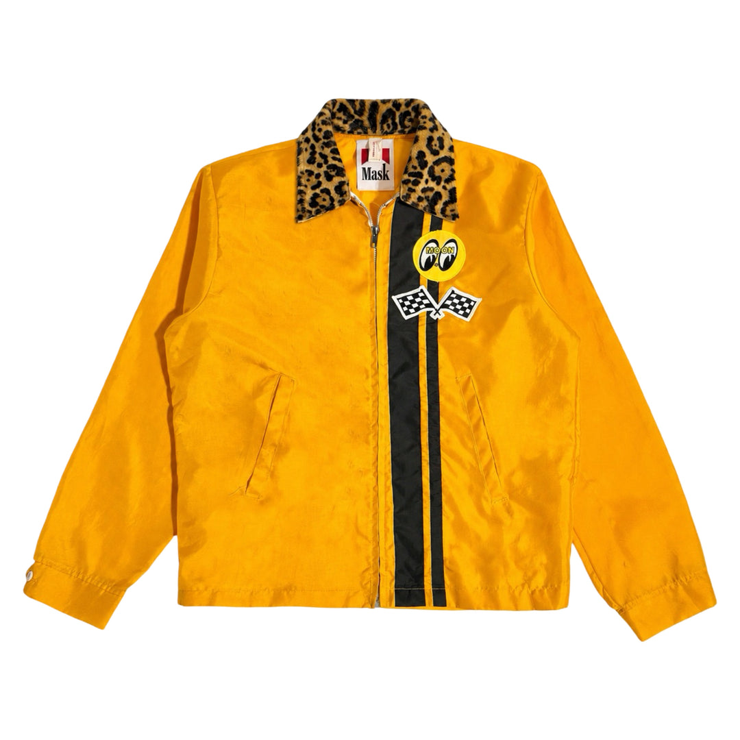 1970’S MASK X MOON RACING MADE IN USA CROPPED LEOPARD PRINT PONY HAIR LEATHER COLLAR STRIPED RACING JACKET MEDIUM