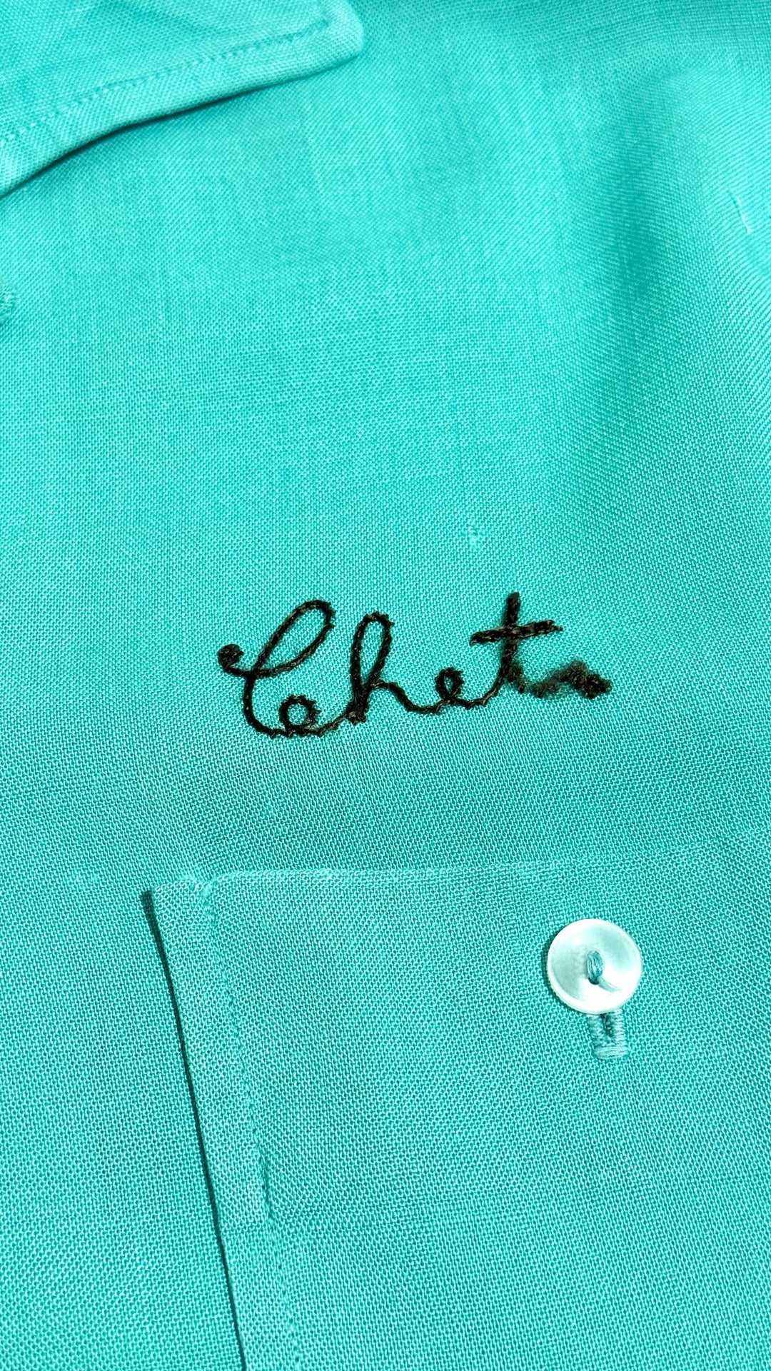 1950’S CALIFORNIA BY ANGELTOWN MADE IN USA “SOUTHWEST BOWL” CROPPED CHAINSTITCHED SELVEDGE LOOP COLLAR S/S B.D. BOWLING SHIRT LARGE