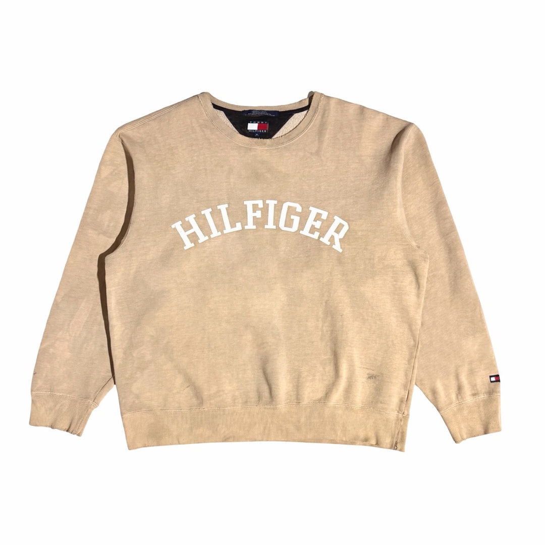 1990’S TOMMY HILFIGER THRASHED &amp; FADED CLASSIC VARSITY BRUSHED FLEECE CREWNECK SWEATER X-LARGE