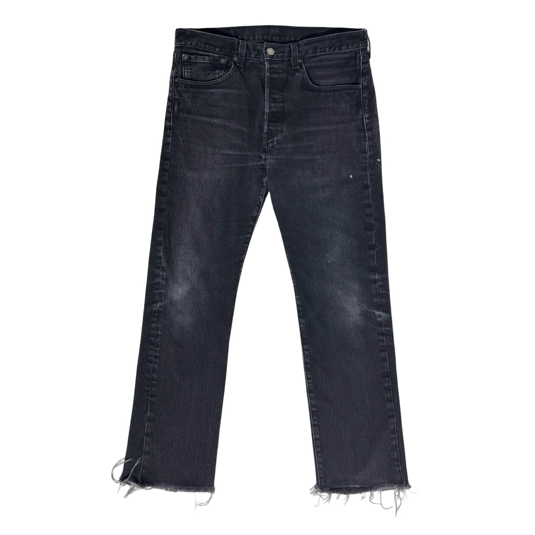 2000’S LEVI’S 501 THRASHED & REPAIRED FADED BLACK DENIM JEANS 30 X 28