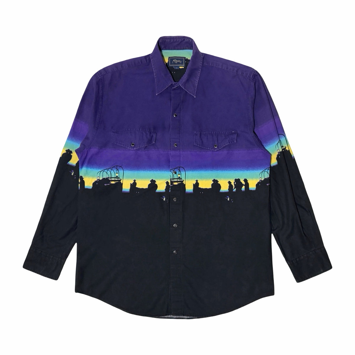 1990's Roper purple and black cattle drive sunset border print western snap shirt front