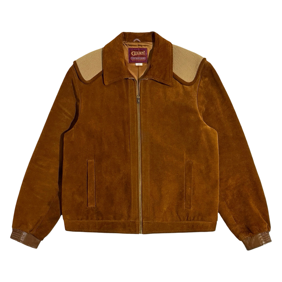 1980’S PIONEER WEAR MADE IN USA CROPPED  COGNAC SUEDE CHIMAYO WEAVING WOOL BLANKET DETAILED BOMBER JACKET LARGE
