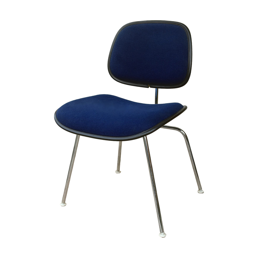 1987 Herman Miller Eames Upholstered DCM Blue Fabric on Molded Black Plastic &amp; Chrome Base Chair