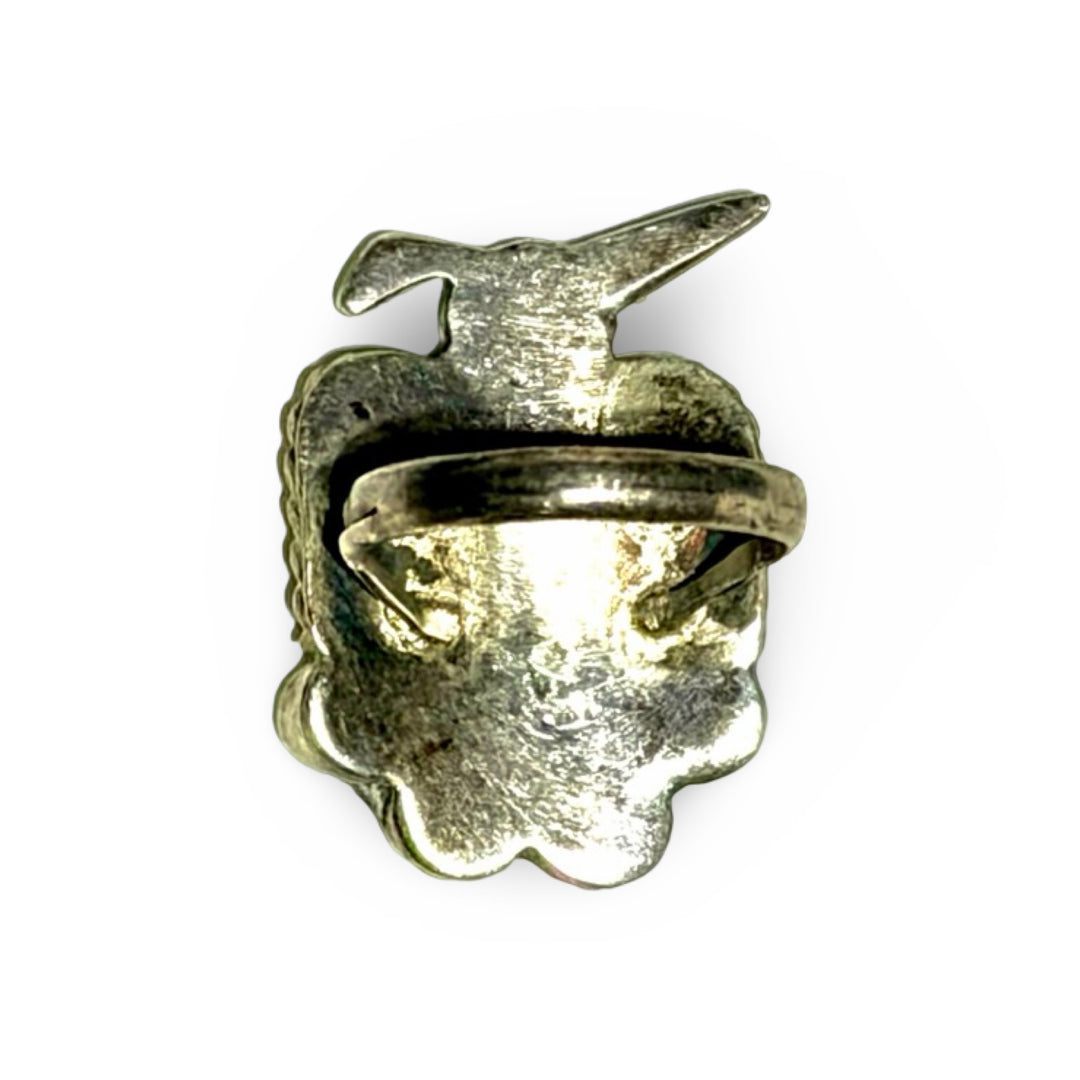 1960’S ZUNI PEYOTE BIRD .925 STERLING SILVER ONYX MOP CORAL TURQUOISE RING SIZE 6