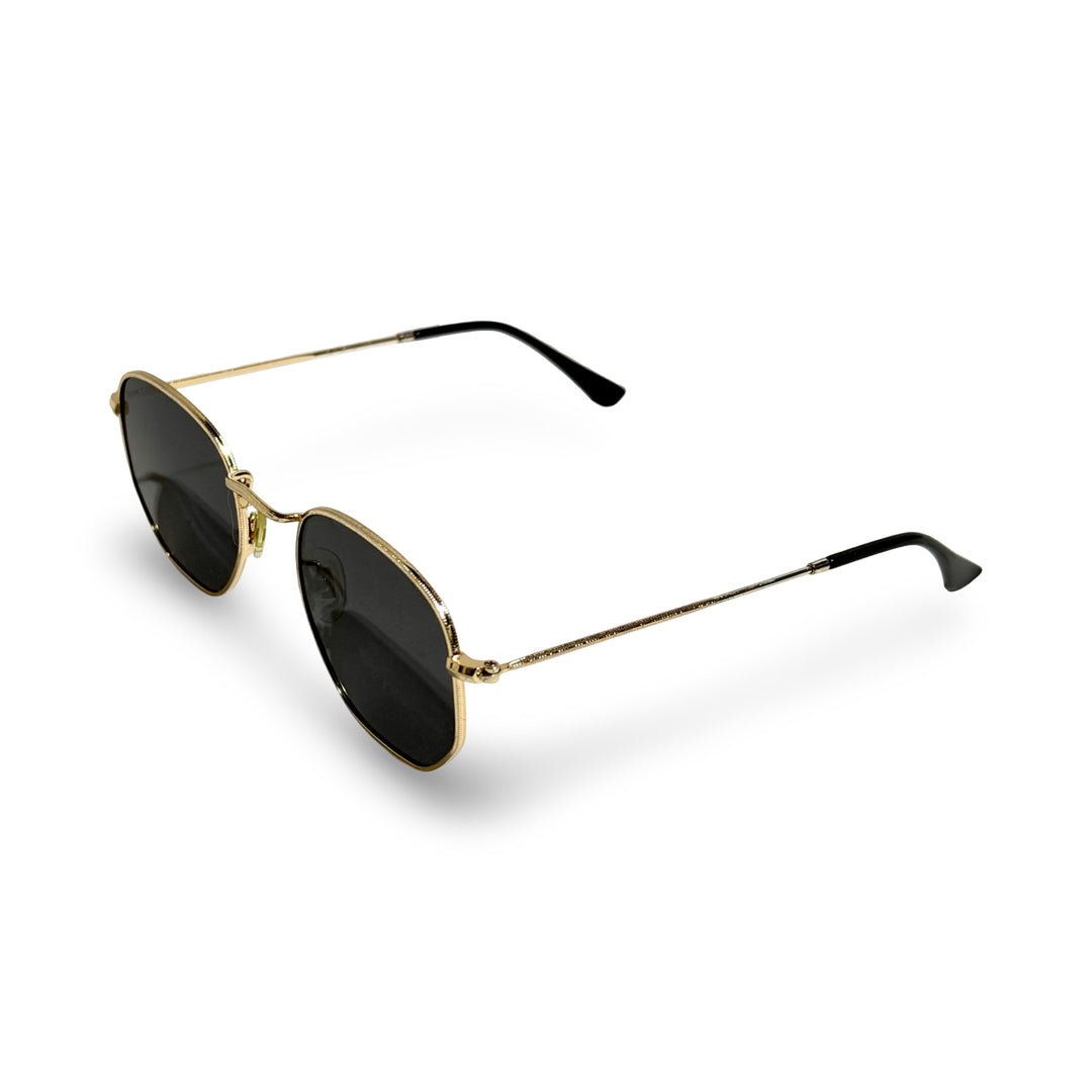 1980’S GOLD FRAME ROUNDED HEXAGON BLACK LENS SUNGLASSES