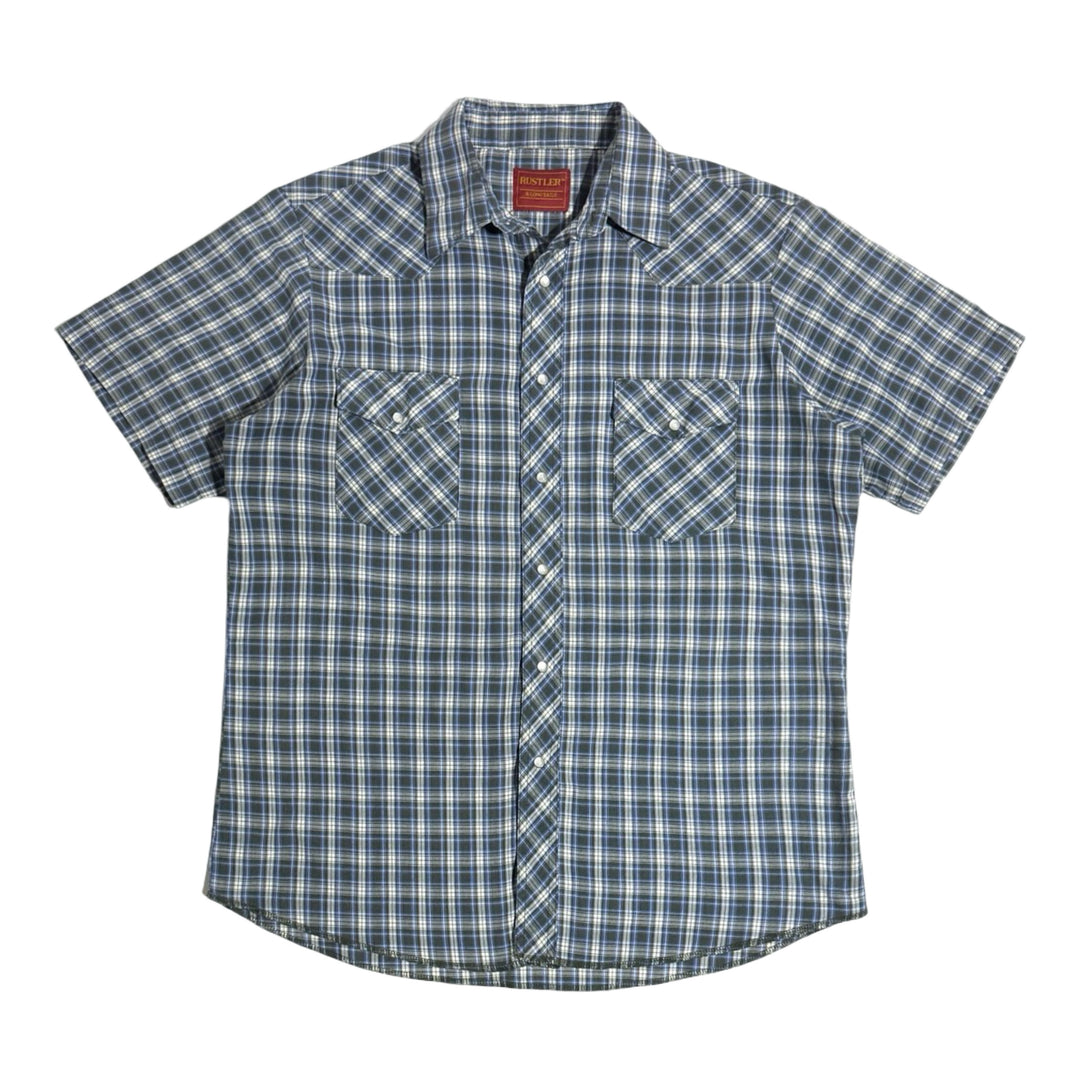 1990’S RUSTLER MADE IN USA PLAID WESTERN PEARL SNAP S/S B.D. SHIRT X-LARGE