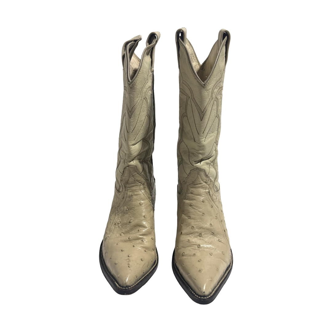 1980’S IVORY OSTRICH &amp; LEATHER COWBOY BOOTS 6.5