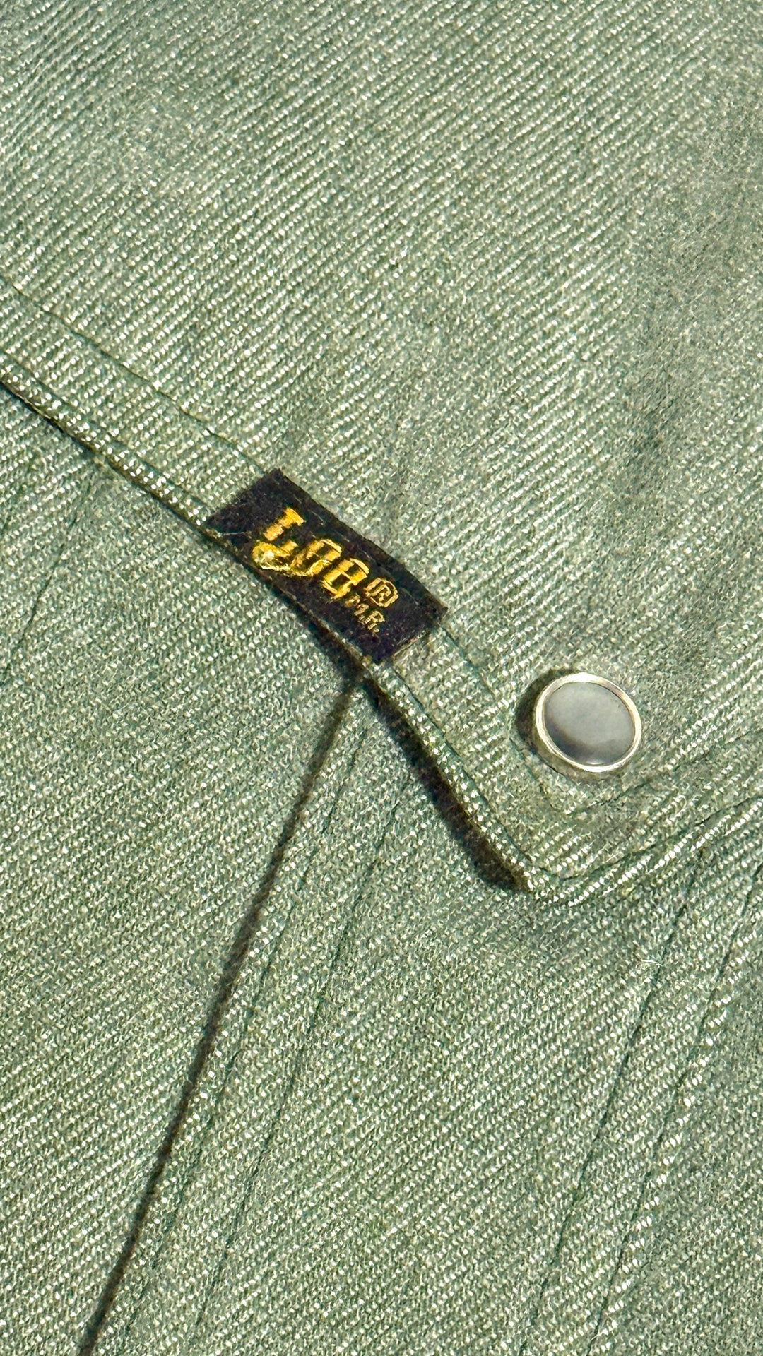 1970’S LEE RIDERS MADE IN USA CROPPED OLIVE DENIM WESTERN PEARL SNAP TRUCKER JACKET MEDIUM