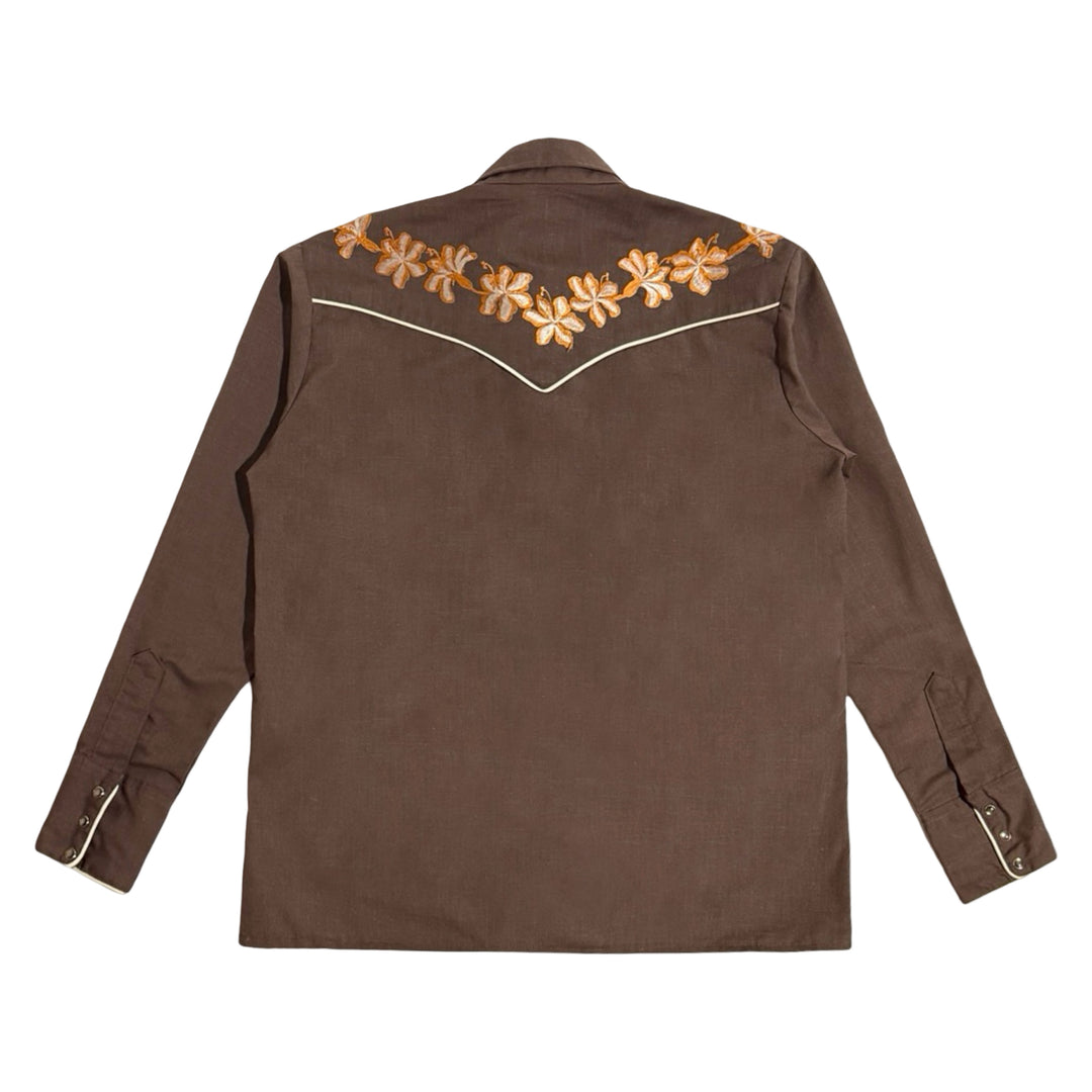 1970’S KARMAN MADE IN USA EMBROIDERED BROWN &amp; ORANGE FLORAL SMILE POCKET PEARL SNAP WESTERN L/S B.D. SHIRT LARGE