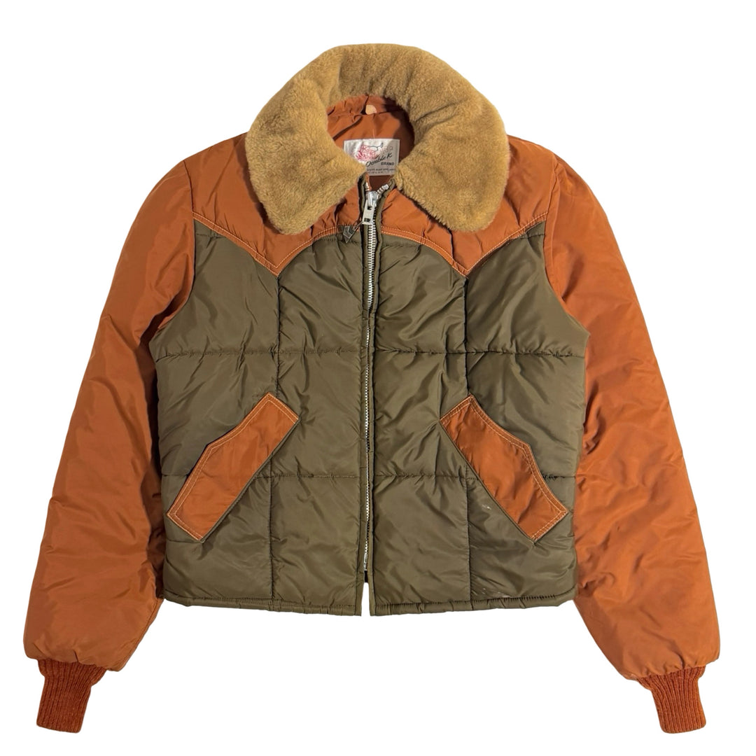 1970’S DOUBLE K BRAND MADE IN USA CROPPED CONTRAST YOKE SHERPA COLLAR WESTERN PUFFER JACKET LARGE