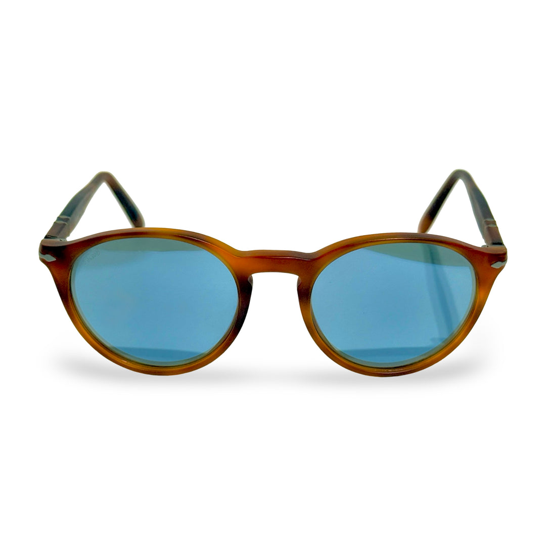 2000’S PERSOL HANDMADE IN ITALY HAVANA / BLUE CRYSTAL POLARIZED TORTIOISE SHELL MATTE ACETATE SUNGLASSES