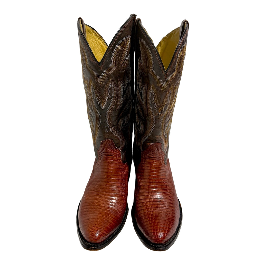 1990’S OXBLOOD LIZARD CONTRAST EMBROIDERED COWBOY BOOTS 10