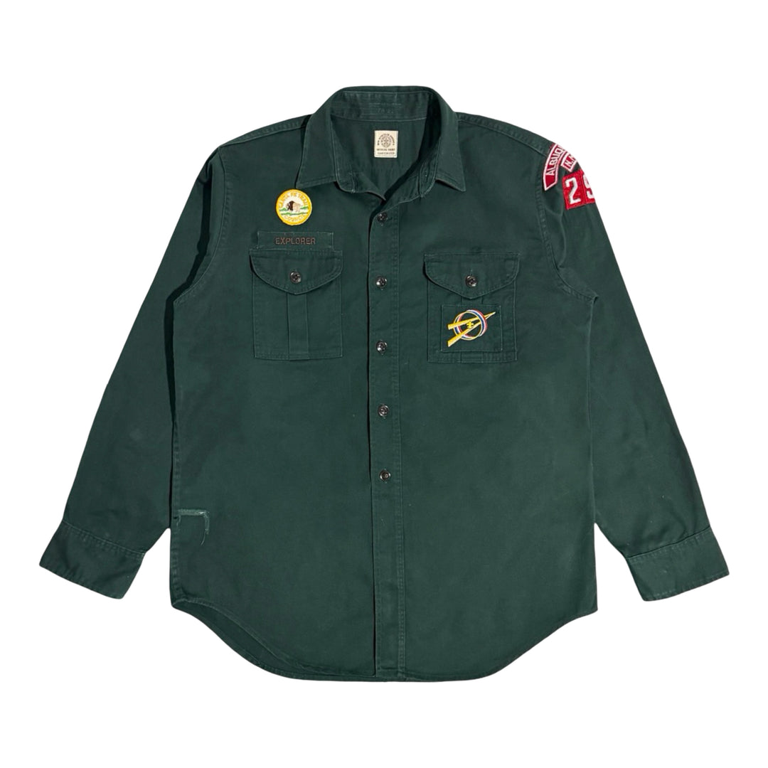 1950’S BSA SANTA FE TRAIL COUNCIL SELVEDGE TWILL PATCHED EXPLORER FOREST GREEN L/S B.D. CAMPING SHIRT  LARGE