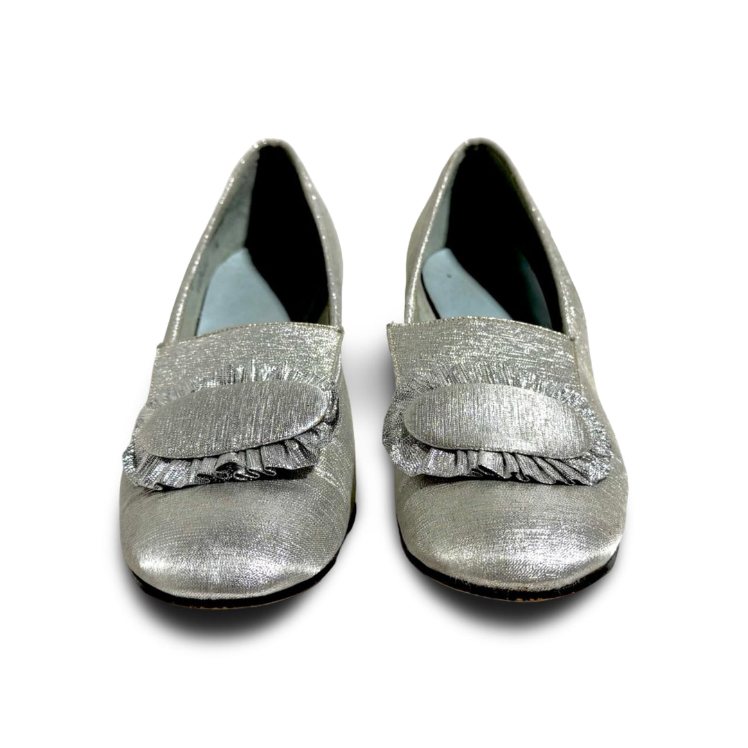 1960’S LIFE STRIDE MADE IN USA Mod Silver Metallic Lurex Pilgrim Buckle &amp; Low Block Heel Pumps SHOES WOMEN’S 8