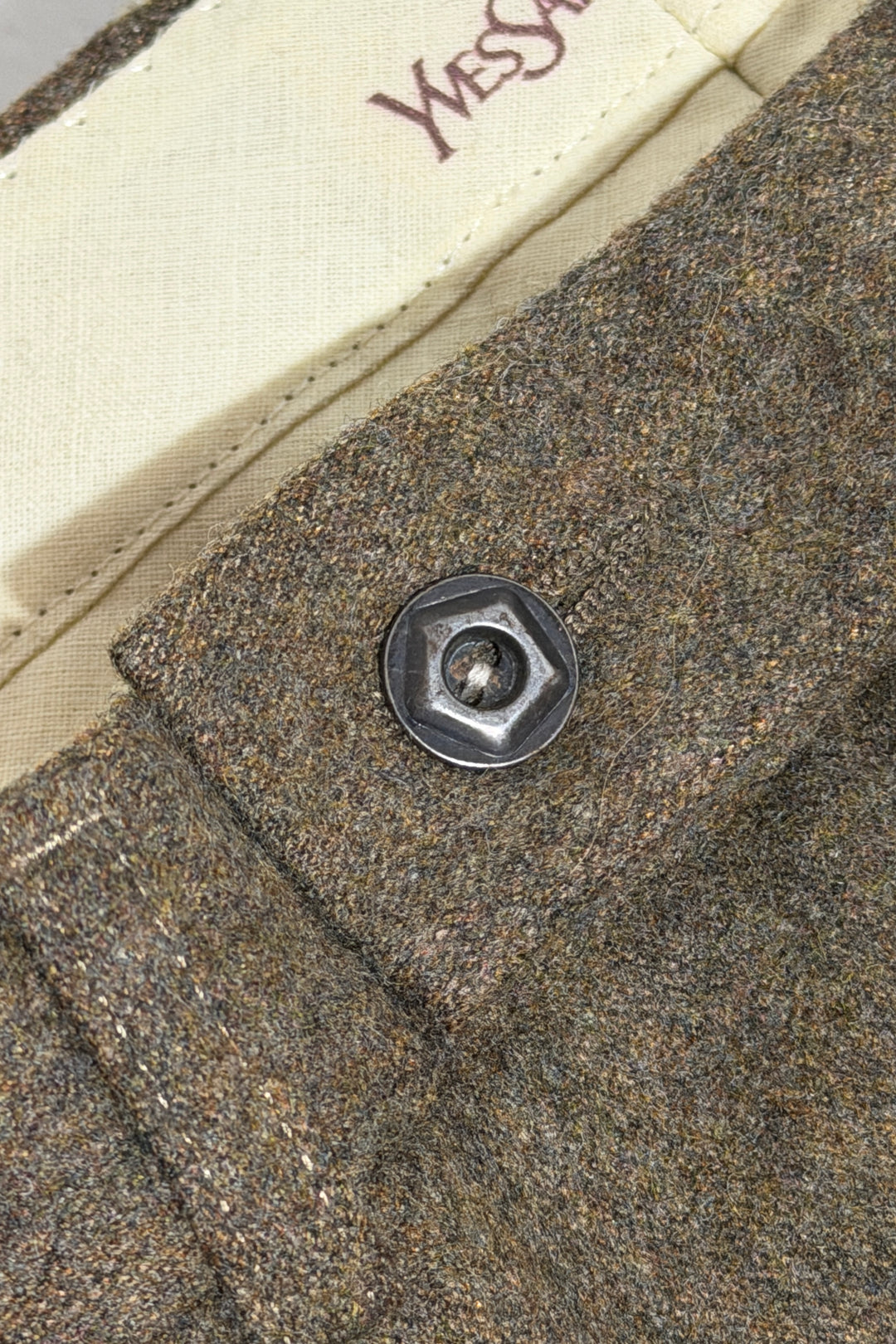 1970’S YVES SAINT LAURENT MADE IN FRANCE WORSTED MARLED BROWN WOOL HIGH WAISTED PLEATED WIDE LEG TROUSER PANTS 32 X 32