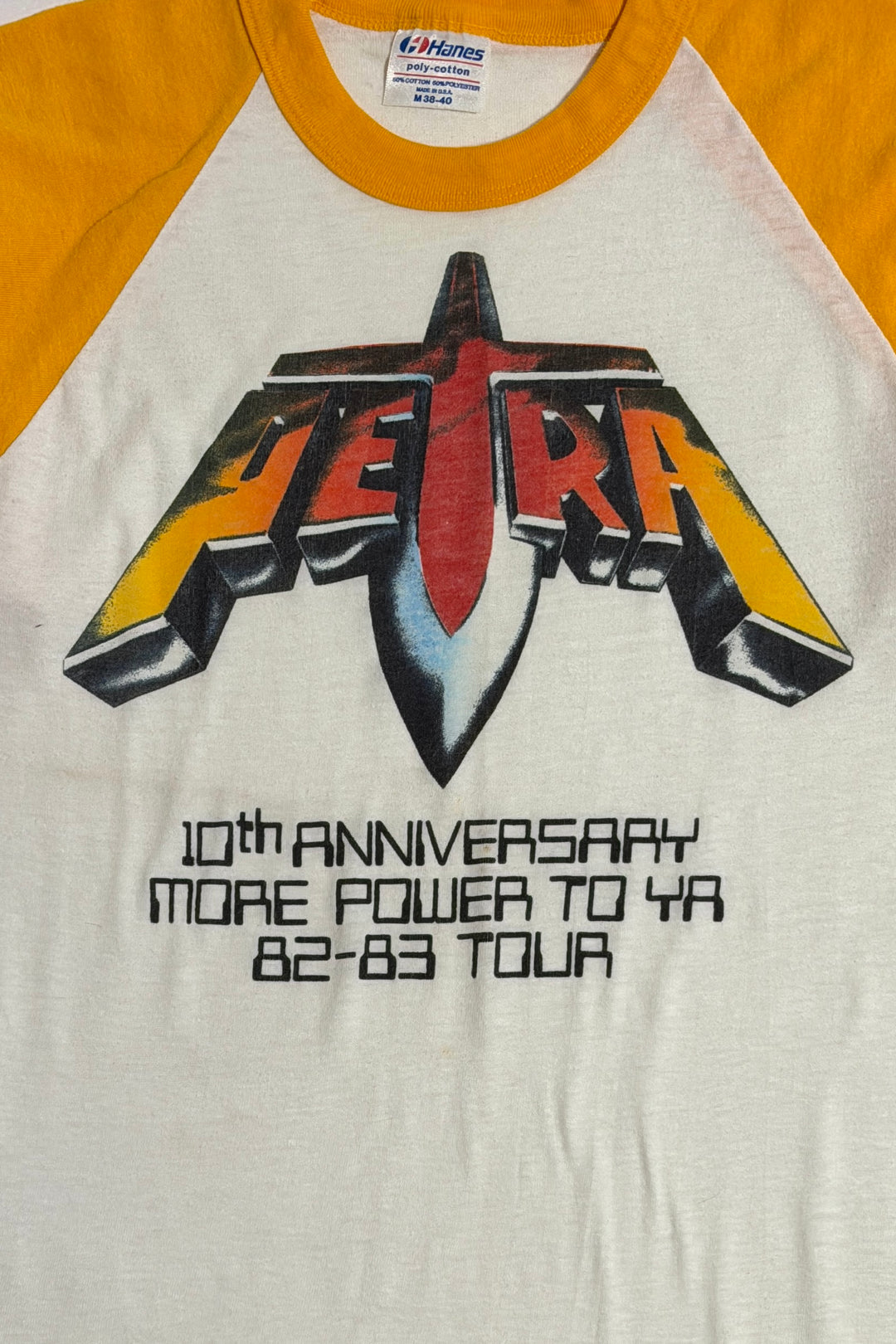1980’S PETRA 10TH ANNIVERSARY TOUR ‘82-‘83 MADE IN USA YELLOW ON WHITE RINGER 3/4 SLEEVE BASEBALL T-SHIRT MEDIUM