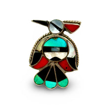 Load image into Gallery viewer, 1960’S ZUNI PEYOTE BIRD .925 STERLING SILVER ONYX MOP CORAL TURQUOISE RING SIZE 6
