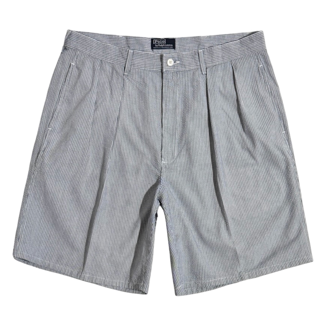 1980’S POLO RALPH LAUREN MADE IN USA PLEATED NAVY SEERSUCKER 8.5” SHORTS 36