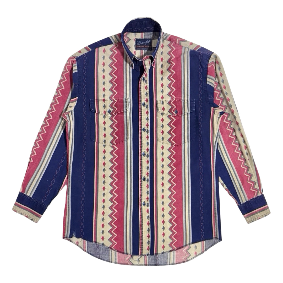 1990’S WRANGLER MADE IN USA THRASHED &amp; FADED SOUTHWESTERN STRIPED WESTERN L/S B.D. SHIRT LARGE