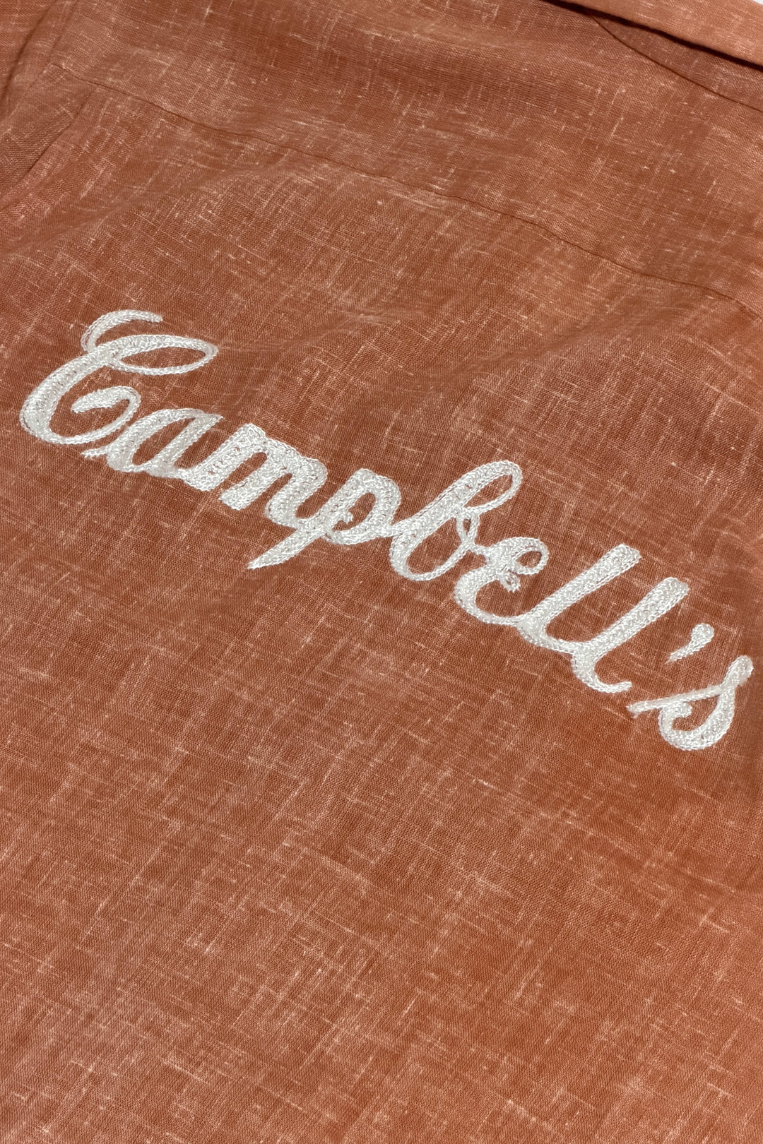 1960’S OLYMPIAN MADE IN USA CROPPED SELVEDGE TANGERINE LINEN BLEND “CAMPBELL’S” CHAINSITCHED LOOP COLLAR S/S B.D. BOWLING SHIRT X-LARGE
