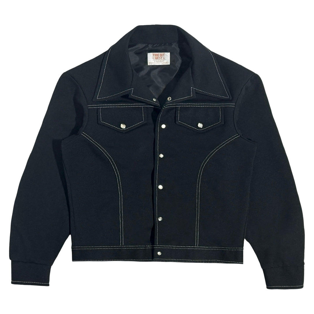 1970’S MASK TIME OUT WEST MADE IN USA CROPPED REMOVABLE LEOPARD PRINT HAIR ON HIDE COLLAR BLACK WESTERN PEARL SNAP JACKET LARGE