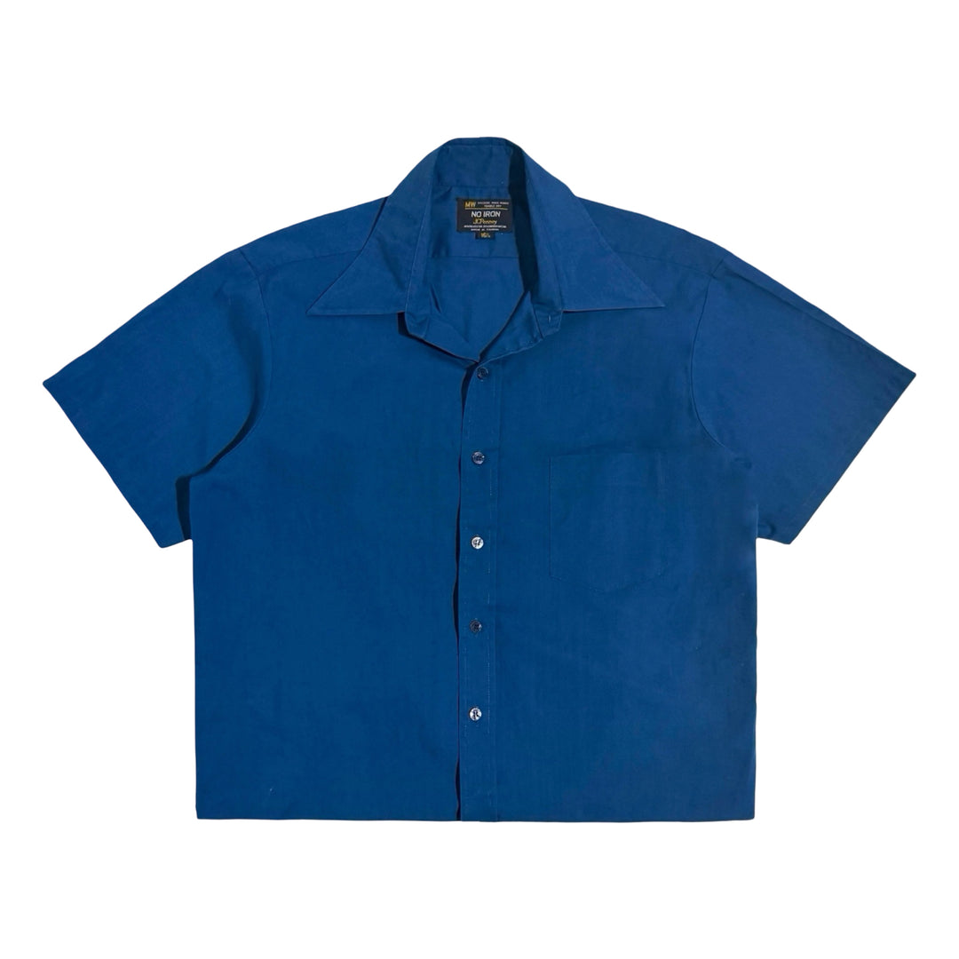 1970’S PENNEY’S MADE IN USA CROPPED NAVY BLUE CAMP COLLAR S/S B.D. SHIRT LARGE