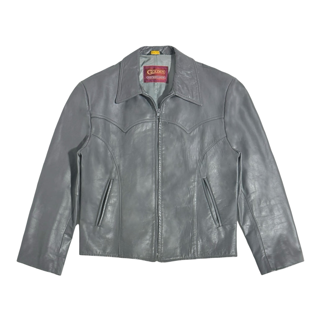 1980’S PIONEER WEAR GOLDEN COLLECTION MADE IN USA CROPPED GRAY LEATHER WESTERN JACKET LARGE