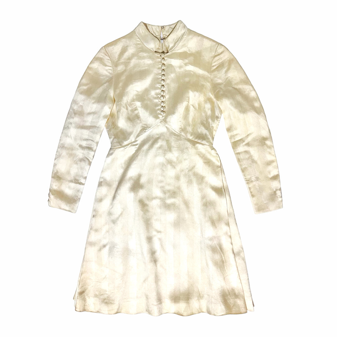 1960’S JOANNA NELSON FOR ROBINSON’S CALIFORNIA MADE IN USA IVORY SILK BLEND MANDARIN COLLAR DRESS WOMEN’S SMALL/MEDIUM