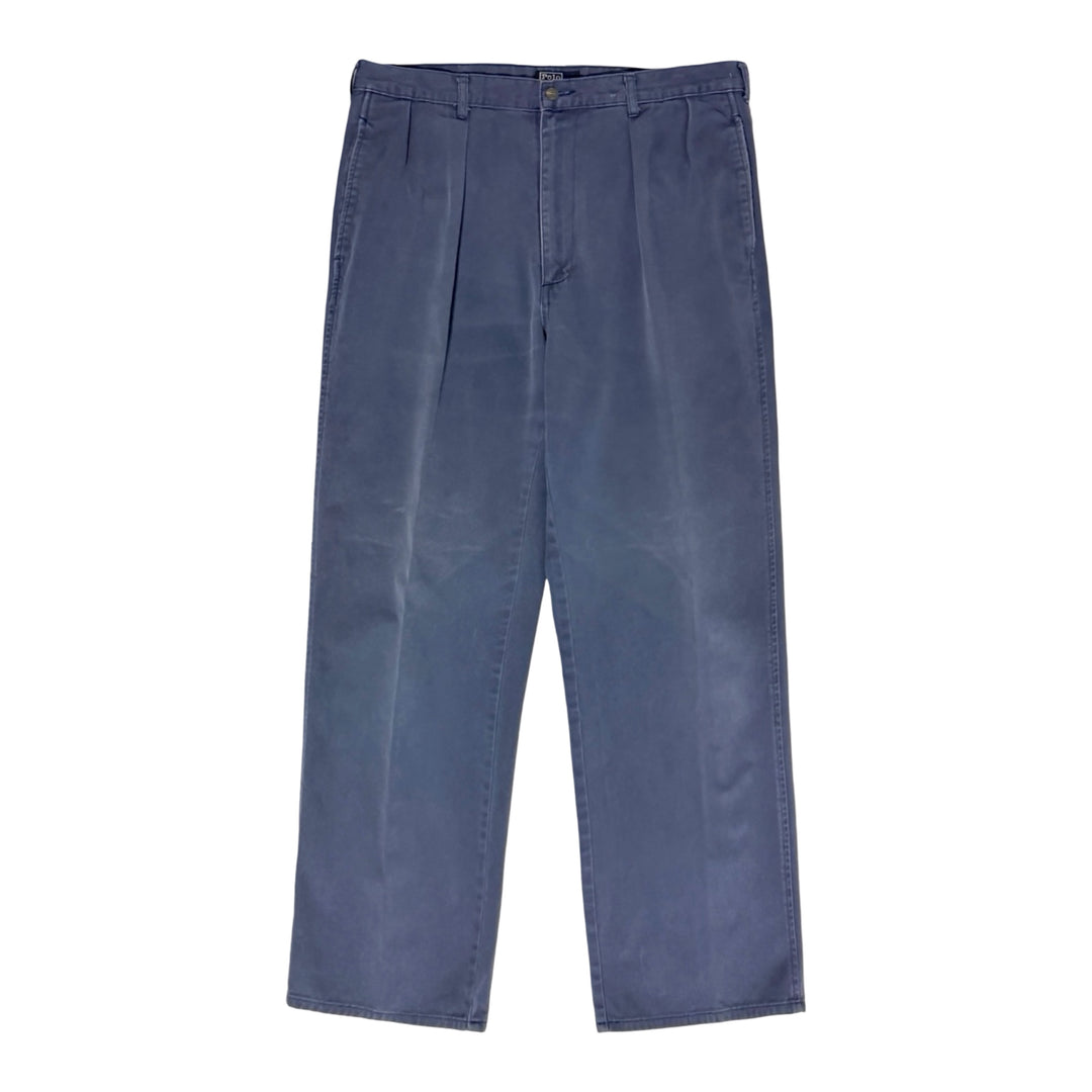 1980’S POLO RALPH LAUREN MADE IN USA FADED NAVY BLUE HIGH WAISTED PLEATED CHINO TROUSERS 34 X 30