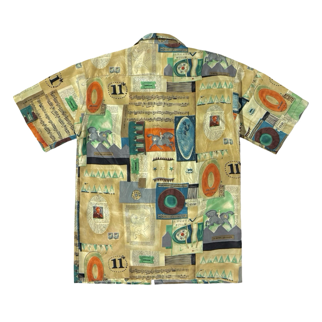 1980’S BURMA BIMAS 100% SILK ITALIA PRINTED CAMP COLLAR S/S B.D. SHIRT X-LARGE